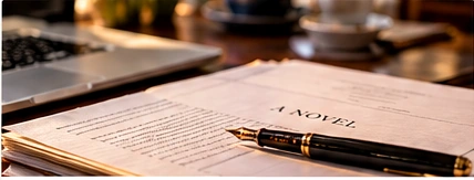 Manuscript pages and fountain pen on an editor's desk